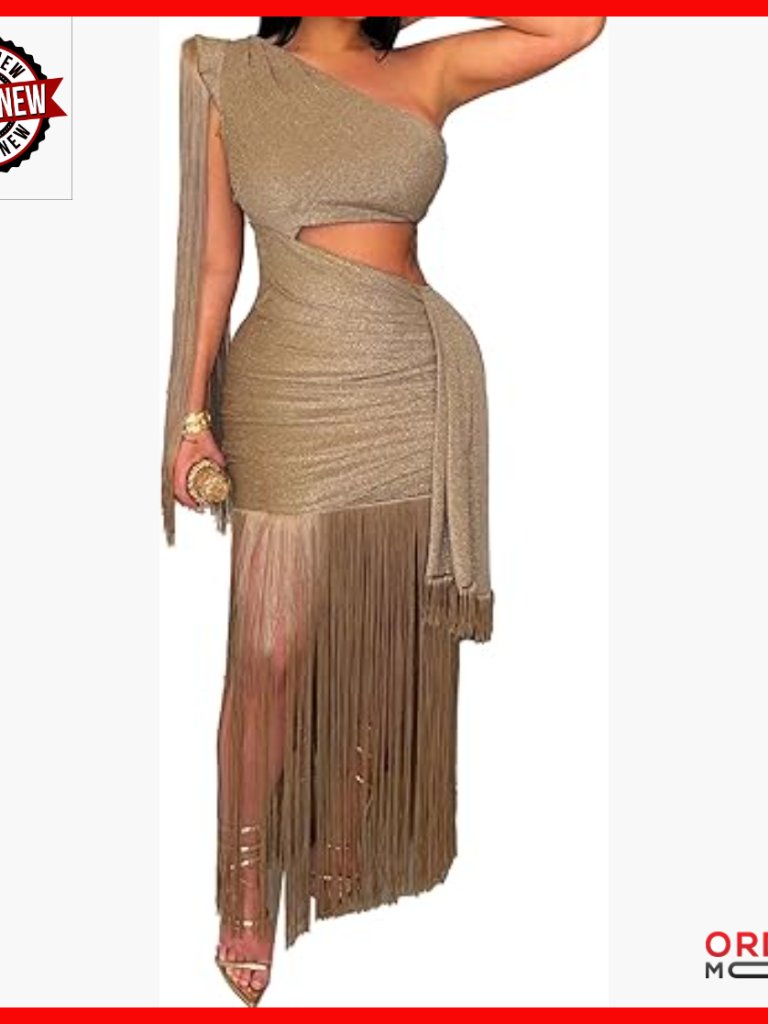 One Shoulder Fringe Bodycon Cocktail Dress Sparkly Glitter Evening Gown
